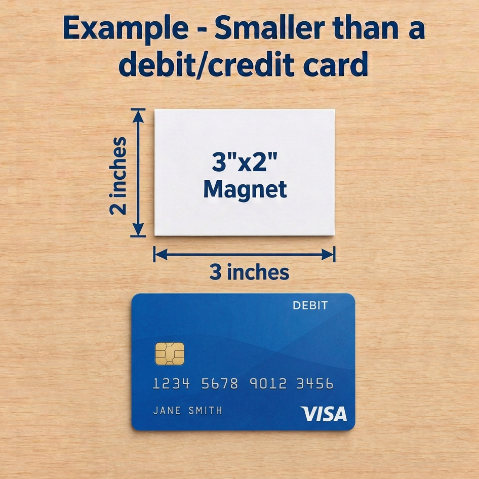 3x2 magnet stacked above a horizontal debit card size reference graphic